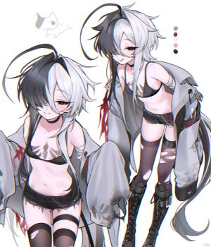 :p absurdres ahoge bandaged_arm bandages bare_shoulders bikini black_bikini black_boots black_choker black_eyes black_hair black_jacket black_shorts blush boots borrowed_character breasts brown_thighhighs chest_tattoo choker closed_mouth collarbone cowboy_shot full_body grey_jacket hair_over_one_eye haze_(7h4ze) highres huge_ahoge jacket knee_boots leaning_forward long_hair long_sidelocks long_sleeves looking_at_viewer micro_shorts multicolored_hair multicolored_jacket navel off_shoulder original red_pupils shorts sidelocks simple_background sleeves_past_wrists small_breasts smile standing stomach swimsuit tattoo thigh_strap thighhighs tongue tongue_out torn_clothes torn_shorts torn_thighhighs two-tone_hair two-tone_jacket white_background white_hair