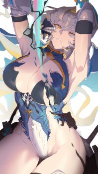1girl armpits arms_up bare_shoulders blanche_(granblue_fantasy) blonde_hair blue_leotard breasts cleavage cleavage_cutout clothing_cutout gauntlets granblue_fantasy grey_eyes grey_hair hair_intakes heterochromia highleg highleg_leotard ion_(cation) large_breasts leotard looking_at_viewer parted_lips short_hair solo thighs white_leotard yellow_eyes