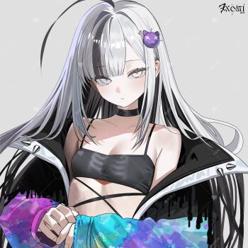 Rule 34 | 1girl, absurdres, ahoge, bare shoulders, black choker, black hair, black shirt, blunt bangs, breasts, chiromi, choker, cleavage, closed mouth, crop top, expressionless, fang, grey background, hair ornament, highres, jacket, long hair, long sleeves, looking at viewer, midriff, multicolored hair, off shoulder, open clothes, open jacket, original, shirt, sidelocks, simple background, sleeveless, sleeveless shirt, small breasts, solo, spaghetti strap, two-tone hair, upper body, white eyes, white hair
