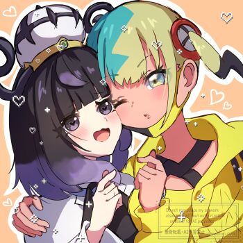 2girls :d ;o absurdres aqua_hair arm_around_shoulder bandeau black_dress black_hair blonde_hair blue_eyes blunt_bangs blush bob_cut canari_(pokemon) cheek-to-cheek coat commentary_request dark-skinned_female dark_skin dress eyelashes gwynn_(pokemon) hat heads_together heart heart-shaped_pupils highres jacket long_sleeves looking_at_another mega_stone multicolored_hair multiple_girls nintendo one_eye_closed open_clothes open_coat open_jacket open_mouth pokemon pokemon_legends:_z-a purple_eyes purple_hair short_hair smile split-color_hair symbol-shaped_pupils thealla1024 upper_body white_coat yellow_bandeau yellow_jacket yuri