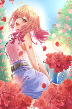 1girl :d absurdres ahoge arms_behind_back belt blouse bouquet center_frills crossed_bangs day earrings falling_petals flower frills from_side gradient_hair hair_ornament hairclip highres hinata_habi holding holding_bouquet hololive hololive_dev_is ichijou_ririka ichijou_ririka_(1st_costume) jewelry long_hair looking_at_viewer miniskirt multicolored_hair open_mouth orange_eyes orange_hair outdoors pencil_skirt petals pink_flower pink_hair pink_rose pink_shirt purple_skirt rose shirt shirt_tucked_in skirt sleeveless sleeveless_shirt smile solo teeth thighlet upper_teeth_only virtual_youtuber white_belt