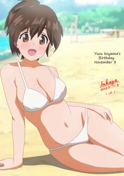 1girl artist_name beach bikini breasts brother_and_sister brown_eyes cleavage commentary_request dated girls_und_panzer koyama_yuzu medium_breasts ocean open_mouth sakayaya short_hair siblings signature sitting smile solo swimsuit white_bikini yokozuwari