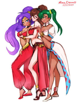 3girls character_request dancer highres mina_cream multiple_girls octopath_traveler octopath_traveler_i primrose_azelhart shantae shantae_(series) tagme