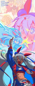 animal_ears arm_up belt blue_eyes blue_hairband blue_jacket blue_sports_bra blush breasts clenched_teeth closed_eyes ear_covers fang fingerless_gloves gloves grey_hair hair_between_eyes hairband headband highres horse_ears horse_girl index_finger_raised intravenous_drip jacket lightning_bolt_print lightning_bolt_symbol long_hair long_sleeves midriff multicolored_hairband navel open_mouth pants penyihirlaut photo_(object) red_belt red_headband running small_breasts smile sports_bra striped_clothes striped_hairband tamamo_cross's_mother_(umamusume) tamamo_cross_(fast_as_lightning)_(umamusume) tamamo_cross_(umamusume) teeth two-tone_hairband umamusume umamusume:_cinderella_gray very_long_hair white_pants