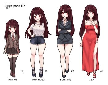 1girl :d age_progression black_jacket black_shoes black_skirt black_thighhighs blazer blue_shorts breasts brown_jacket brown_shoes character_age character_name cleavage closed_mouth collarbone collared_shirt commentary comodox denim denim_shorts diagonal-striped_clothes diagonal-striped_necktie dress english_commentary full_body hand_up jacket jewelry large_breasts lilly_(comodox) long_hair long_sleeves miniskirt multiple_views necklace necktie open_mouth original pencil_skirt pleated_skirt red_dress red_eyes red_hair red_necktie shirt shoes shorts side_slit skirt smile sneakers solo standing strapless strapless_dress striped_clothes thighhighs toes white_shirt