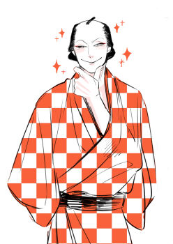 Rule 34 | 1boy, absurdres, black hair, byoubunozoki, checkered clothes, checkered kimono, chonmage, hand up, haruji (h0000hrj), highres, japanese clothes, kimono, male focus, shabake, smile, solo, sparkle, standing, topknot, unmoving pattern, white background