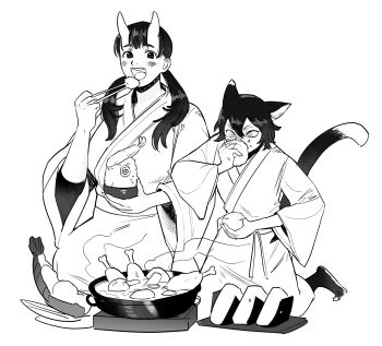 2girls animal_ears barefoot between_fingers bib_bb_bib body_fur bowl breasts cat_ears cat_girl cat_tail chicken_(food) chicken_leg chopsticks cooking_pot dungeon_meshi eating food food_on_face greyscale hair_over_shoulder hand_up hashtag-only_commentary height_difference highres holding holding_bowl holding_chopsticks holding_food horns inutade izutsumi japanese_clothes kimono kneeling large_breasts lobster long_hair long_sleeves looking_at_viewer low_twintails monochrome multiple_girls obi onigiri open_mouth plate portable_stove rice rice_on_face sash seiza short_hair shrimp shrimp_tempura simple_background sitting soup steam stove tail tempura twintails single_ear_down wide_sleeves you're_doing_it_wrong
