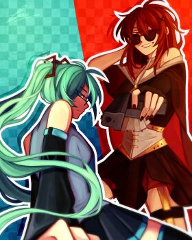 2girls absurdres aiming aiming_at_viewer anarchy_(asteria) arm_behind_head asteria_(musician) bare_shoulders black_dress black_gloves black_nails black_skirt black_sleeves blue_eyes blue_hair breasts checkered_background cleavage closed_mouth commentary corset cowboy_shot detached_sleeves double-parted_bangs dress english_commentary fingerless_gloves glasses gloves gold_trim grey_shirt gun hair_between_eyes hair_ornament handgun hatsune_miku highres hijimasa holding holding_gun holding_weapon long_hair long_sleeves looking_at_viewer medium_breasts messy_hair multiple_girls nail_polish off-shoulder_dress off_shoulder one_eye_closed outline parted_bangs parted_lips red_eyes red_hair shirt skirt sleeveless sleeveless_shirt smile split_screen sunglasses twintails two-tone_background vocaloid weapon white_corset white_outline x_hair_ornament