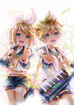 1boy 1girl :d black_sailor_collar black_shorts black_sleeves blush bow bow_hairband brother_and_sister buji commentary_request cowboy_shot dated detached_sleeves green_eyes hair_between_eyes hair_bow hair_ornament hairband hairclip headset highres holding holding_microphone instrument kagamine_len kagamine_rin keyboard_(instrument) long_sleeves looking_at_viewer microphone midriff_peek multiple_hair_clips navel neckerchief open_mouth parallel_hairclips sailor_collar shirt short_hair shorts shoulder_strap shoulder_tattoo siblings sleeveless sleeveless_shirt smile spiked_hair standing standing_on_one_leg swept_bangs tattoo teeth twins upper_teeth_only v vocaloid white_background white_bow white_hairband white_shirt yellow_neckerchief