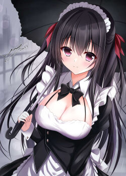 1girl 2023 absurdres apron back_bow black_bow black_bowtie black_dress black_hair black_umbrella blunt_bangs blush bow bowtie breasts buttons cleavage cleavage_cutout closed_mouth clothing_cutout collared_dress commentary_request cowboy_shot dated dress dutch_angle eyelashes eyes_visible_through_hair frilled_apron frills hair_between_eyes hair_intakes hair_ribbon hand_up highres holding holding_umbrella juliet_sleeves large_breasts long_hair long_sleeves looking_at_viewer maid maid_apron maid_headdress maitsuki_moe original outdoors puffy_sleeves rain red_eyes red_ribbon ribbon signature smile solo split_mouth straight_hair two_side_up umbrella uuy_(uuypro) v-shaped_eyebrows very_long_hair white_apron white_bow