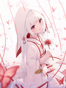 1girl absurdres bell blunt_bangs blush bridal_gauntlets bride bug butterfly commentary dress flower highres holding hood insect japanese_clothes jingle_bell kagura_suzu keis_(locrian1357) kimono long_hair looking_at_viewer original parted_lips photoshop_(medium) red_butterfly red_eyes red_flower revision seiza sitting solo uchikake wariza wataboushi wedding_dress white_hair white_hood white_kimono white_theme
