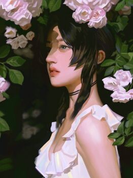 1girl aerith_gainsborough bare_shoulders black_choker blurry blurry_background breasts brown_hair choker cleavage dress final_fantasy final_fantasy_vii flower frilled_sleeves frills green_eyes highres jeseni leaf long_hair medium_breasts parted_bangs parted_lips realistic rose sidelocks solo upper_body white_dress white_flower white_rose