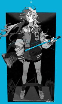 1girl absurdres arm_at_side bandaged_head bandaged_knees bandages broom chair collared_shirt commentary_request desk greyscale_with_colored_background highres holding holding_broom jacket long_hair looking_up magotsuki_(hurray) necktie on_desk original plaid_clothes plaid_skirt pleated_skirt shirt shoes signature sitting skirt sneakers socks solo standing star_(symbol) sukajan sweater_vest unconventional_guitar