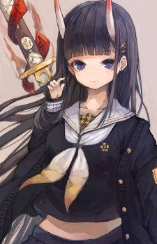 1girl azur_lane black_cardigan black_hair black_serafuku black_skirt blunt_bangs breasts brown_background cardigan closed_mouth commentary_request eyeshadow gold_buttons gradient_horns hair_between_horns hair_ornament hairclip highres hime_cut horns katana long_hair long_sleeves looking_at_viewer makeup medium_breasts multicolored_horns neckerchief noshiro_(azur_lane) nyucha oni purple_eyes red_eyeshadow ringed_eyes sailor_collar school_uniform serafuku simple_background skirt solo sword sword_on_back upper_body very_long_hair weapon weapon_on_back white_neckerchief white_sailor_collar x_hair_ornament