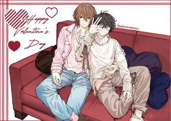 Rule 34 | 2boys, akechi gorou, amamiya ren, black hair, brown hair, brown pants, closed mouth, commentary, couch, denim, english commentary, figure four sitting, glasses, grey sweater, hair between eyes, happy valentine, heart, heart-shaped pillow, highres, jacket, jeans, looking at viewer, male focus, multiple boys, ok sign, on couch, open clothes, open jacket, palmtreehero, pants, persona, persona 5, pillow, pink jacket, pink shoes, pink sweater, red eyes, shoes, short hair, simple background, sitting, smile, sweater, twitter username, unbuttoned, white background, yaoi