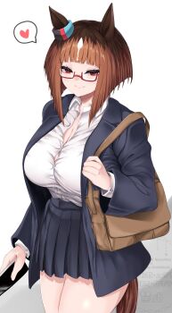 1girl akitsugu_hisagi alternate_costume animal_ears black_skirt blunt_bangs bob_cut breasts brown_bag brown_hair button_gap cellphone cleavage closed_mouth collared_shirt commentary_request cowboy_shot glasses heart highres holding holding_phone horse_ears horse_girl horse_tail jacket large_breasts long_sleeves looking_at_viewer miniskirt multicolored_hair open_clothes open_jacket phone pleated_skirt red-framed_eyewear red_eyes roots_(hair) shirt short_hair simple_background skirt smartphone smile solo spoken_heart tail transcend_(umamusume) umamusume white_background white_shirt