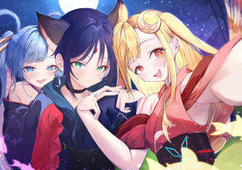 Rule 34 | 3girls, absurdres, animal ears, armpit crease, bare shoulders, black choker, blonde hair, blue eyes, blue hoodie, blush, cho kaguya-hime!, choker, closed mouth, collarbone, commentary request, crescent, crescent hair ornament, forehead jewel, green eyes, hair ornament, hair rings, hair stick, highres, hood, hoodie, japanese clothes, kaguya (cho kaguya-hime!), kimono, long hair, looking at another, looking at viewer, lop rabbit ears, moon, multiple girls, nefertus, night, purple hair, rabbit ears, red kimono, runami yachiyo, sakayori iroha, short hair, smile, twintails, upper body, white hair