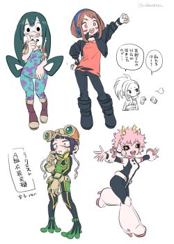 Rule 34 | 6+girls, :d, artist name, ashido mina, ashido mina (cosplay), asui tsuyu, asui tsuyu (cosplay), asymmetrical bangs, black bodysuit, black choker, black footwear, black hair, black jacket, black legwear, black pants, black sclera, blush, bodysuit, boku no hero academia, boots, brown eyes, brown footwear, brown gloves, cape, chibi, chibi inset, choker, clenched hand, colored sclera, colored skin, commentary, cosplay, costume switch, cropped jacket, embarrassed, excited, facial mark, frog girl, gloves, goggles, goggles on head, green bodysuit, green eyes, group costume switch, hagakure toru, hair rings, hand on own hip, hand up, happy, headphones, high heel boots, high heels, horns, index finger raised, invisible, jacket, jiro kyoka, jiro kyoka (cosplay), long hair, looking afar, looking at viewer, low-tied long hair, multiple girls, nervous, ohhhhhhtsu, open mouth, outstretched arms, pants, pink bodysuit, pink hair, pink skin, ponytail, red shirt, running, shirt, short hair, short hair with long locks, sidelocks, simple background, smile, teeth, thick eyebrows, thinking, torn clothes, torn shirt, translated, twitter username, upper teeth only, uraraka ochako, uraraka ochako (cosplay), white background, yaoyorozu momo