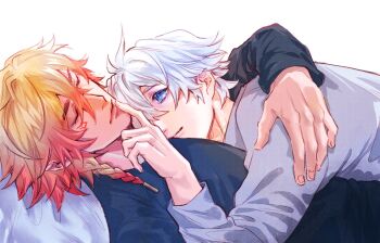 2boys antenna_hair arm_tattoo black_shirt blonde_hair blue_eyes braid chest_tattoo closed_eyes commentary english_commentary facial_tattoo gradient_hair grey_shirt highres honkai:_star_rail honkai_(series) kremmosu long_sleeves male_focus medium_hair multicolored_hair multiple_boys mydei_(honkai:_star_rail) neck_tattoo parted_bangs phainon_(honkai:_star_rail) red_hair red_tattoo shirt short_hair side_braid sleeping sun_symbol sun_tattoo tan tattoo white_hair yaoi