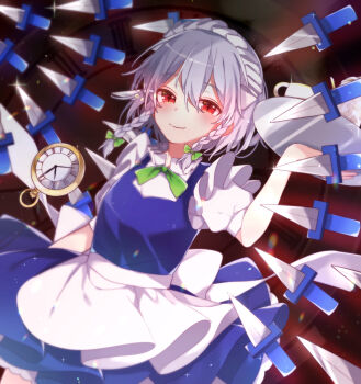 1girl apron arm_at_side back_bow blue_dress bow bowtie braid clock closed_mouth commentary_request cowboy_shot cup dress glint green_bow green_bowtie grey_hair hair_between_eyes hair_bow hand_up highres holding holding_tray izayoi_sakuya knife looking_at_viewer maid maid_headdress pinafore_dress pocket_watch puffy_short_sleeves puffy_sleeves red_eyes roman_numeral shirt short_hair short_sleeves sleeveless sleeveless_dress smile solo sparkle teacup teapot touhou tray twin_braids waist_apron watch weapon_formation white_apron white_bow white_shirt yurui_tuhu