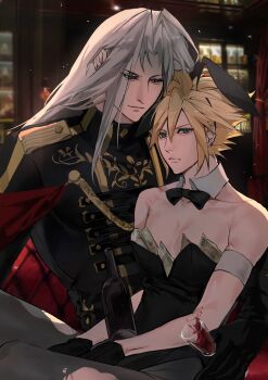 2boys aiguillette alcohol alternate_costume alternate_universe animal_ears arm_around_back black_bow black_bowtie black_gloves black_jacket black_leotard black_pantyhose blonde_hair bottle bow bowtie cloud_strife commentary crossdressing crossdressing_(mtf) cup detached_collar drinking_glass earrings fake_animal_ears final_fantasy final_fantasy_vii floral_print gloves green_eyes grey_hair high_collar highres indoors jacket jeff_000000 jewelry leotard light_frown light_particles light_smile long_bangs long_hair looking_at_another male_focus male_playboy_bunny military_jacket military_uniform money multiple_boys night official_alternate_costume on_lap pantyhose parted_bangs rabbit_ears red_wine sephiroth sephiroth_(shinra_formal_uniform) short_hair shoulder_boards sitting slit_pupils spiked_hair strapless strapless_leotard stud_earrings torn_clothes torn_pantyhose tucked_money upper_body wine wine_bottle wine_glass wing_collar yaoi
