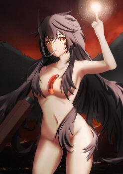 1girl absurdres arm_cannon armpits bird_wings black_hair black_wings breasts cigarette commentary_request completely_nude control_rod_(touhou) convenient_censoring cowboy_shot durdia expressionless fire forest_fire hair_between_eyes hair_censor hair_over_breasts highres large_breasts long_hair looking_at_viewer middle_finger nude open_mouth orange_background orange_eyes photo_background reiuji_utsuho roman_numeral smoking solo third_eye touhou weapon wings