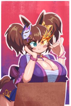 Rule 34 | 1girl, animal ears, aqua eyes, blush stickers, border, bracelet, breast rest, breasts, breasts on table, brown hair, cleavage, closed mouth, fang, flaming eye, fox mask, fox shadow puppet, gigantic breasts, gradient background, hand on own cheek, hand on own face, horse ears, horse girl, horse tail, inari one (umamusume), japanese clothes, jewelry, kimono, mask, mask on head, miks381, multicolored ribbon, orange eyes, outline, purple background, purple kimono, red background, ribbon, sarashi, signature, skin fang, solo, table, tail, thighs, twintails, umamusume, white border, white outline