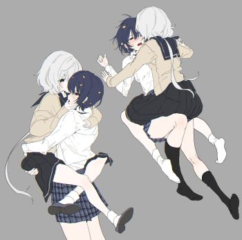 0_0_(oooooo0) 2girls arm_around_neck black_skirt black_socks blue_eyes blue_hair finger_in_another&#039;s_mouth grey_background hand_on_another&#039;s_face highres kneehighs konno_junko long_hair mizuno_ai multiple_girls plaid_clothes plaid_skirt pleated_skirt red_eyes school_uniform shirt simple_background skirt socks straddling white_hair white_shirt white_socks yellow_shirt yuri zombie_land_saga