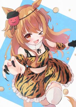 >_o 1girl animal_ears animal_print arm_warmers black_nails blush breasts club club_(weapon) commentary_request cropped_shirt fang fur_collar hair_between_eyes highres holding holding_club holding_weapon horse_ears horse_girl horse_tail long_hair looking_at_viewer mayano_top_gun_(umamusume) midriff navel one_eye_closed oni_costume open_mouth orange_eyes orange_hair potarou_pomi print_skirt shirt skin_fang skirt small_breasts smile solo spiked_club tail thighhighs tiger_print two_side_up umamusume weapon white_thighhighs