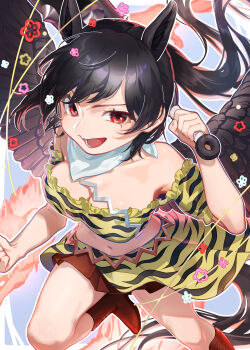 1girl absurdres alternate_costume animal_ears animal_print bare_shoulders black_hair black_wings boots breasts brown_boots cleavage club_(weapon) collarbone commentary_request floating_hair highres holding holding_club holding_weapon horse_ears horse_tail kurokoma_saki long_hair medium_breasts midriff navel no_headwear off-shoulder_shirt off_shoulder open_mouth ponytail red_eyes shirt short_sleeves skirt smile solo tail teruteru_(teru_teru) thighs tiger_print touhou weapon wings wolf_spirit_(touhou)