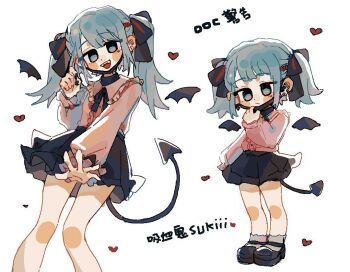 bat_wings black_nails blue_eyes blue_hair blush blush_stickers bow closed_mouth commentary demon_tail dot_nose ear_piercing fingernails hair_ornament hairclip hatsune_miku heart heart_sticker knee_blush long_hair looking_at_viewer makeup mask mouth_mask nail_polish nose_blush open_mouth piercing pink_shirt shirt shoes sidelocks skirt socks sticker sticker_on_face suuroku symbol-only_commentary tail teeth tongue twintails upper_teeth_only vampire_(vocaloid) vocaloid white_background white_socks wings