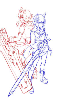 2girls animal_ears back-to-back bell belt bitter_glasse_(umamusume) bob_cut boots bow chest_belt choker closed_mouth collared_shirt colored_lineart commentary_request crop_top crown_hair_ornament ear_ornament expressionless eyelashes fingerless_gloves frilled_shirt_collar frills full_body gloves guilty_gear guilty_gear_xrd hair_between_eyes hair_bow happy holding holding_sword holding_weapon hood hood_down hooded_shirt horse_ears horse_girl horse_tail huge_weapon kneehighs knees lineart little_cocon_(umamusume) long_sleeves looking_at_viewer looking_back midriff multiple_belts multiple_girls neck_bell o-ring o-ring_belt oversized_clothes oversized_shirt pointy_nose puffy_long_sleeves puffy_sleeves shirt short_hair short_hair_with_long_locks shorts sidelocks simple_background sleeveless sleeveless_shirt sleeves_past_wrists smile socks standing striped_bow sword tail tenkey2022 umamusume weapon white_background