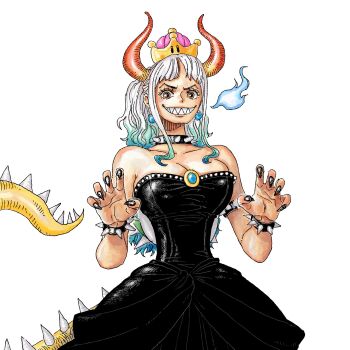 1girl alternate_costume armlet bare_shoulders black_dress black_nails blue_fire blue_hair bowsette bowsette_(cosplay) bracelet breasts brown_eyes claw_pose claws cleavage collar colored_tips cosplay cowboy_shot dress earrings eiichiroyoda fingernails fire gradient_hair grin hand_up highres horns jewelry large_breasts long_fingernails long_hair mario_(series) multicolored_hair multicolored_horns nail_polish nintendo one_piece orange_horns ponytail red_horns sharp_fingernails sharp_teeth smile solo sphere_earrings spiked_armlet spiked_bracelet spiked_collar spiked_shell spiked_tail spikes strapless strapless_dress super_crown tail teeth turtle_shell white_hair yamato_(one_piece)