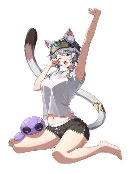 1girl absurdres alternate_costume animal_ear_fluff animal_ears barefoot blue_eyes bow braid breasts cat_ears cat_girl cat_tail cipher_(honkai:_star_rail) clothes_lift dolphin_shorts fang grey_hair hair_bow hashtag-only_commentary highres honkai:_star_rail honkai_(series) large_breasts mole navel one_eye_closed shorts single_braid sinigo01 sitting sleep_mask spirithief_bartholos_(honkai:_star_rail) stretching tail thighs wariza white_background white_streaks yawning