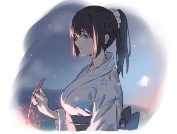 1girl absurdres bang_dream! blue_sash blush closed_mouth commentary_request fireworks hair_ornament hair_scrunchie highres holding holding_fireworks japanese_clothes kanade_(kanade_3344) kimono long_hair obi ponytail purple_eyes sash scrunchie shirokane_rinko solo sparkler white_kimono white_scrunchie