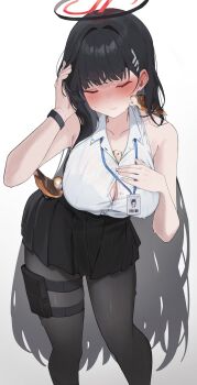 1girl absurdres alternate_costume animal_between_breasts between_breasts bird black_hair black_halo black_pantyhose black_skirt blue_archive blush bra_visible_through_clothes breasts button_gap cleavage closed_eyes collarbone commentary_request hair_ornament hairpin halo hand_on_own_chest highres holster kevinlim39 lanyard large_breasts leaning_forward long_hair mechanical_halo millennium_science_school_logo miniskirt nose_blush pantyhose pleated_skirt revision rio_(blue_archive) see-through_clothes see-through_shirt shirt simple_background skirt solo sweat thigh_holster v-shaped_eyebrows very_long_hair watch white_background white_shirt wristwatch