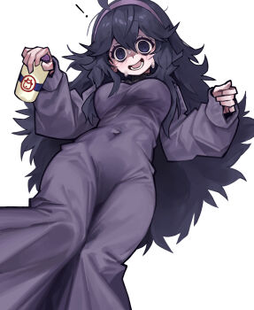 Rule 34 | 1girl, @ @, ahoge, bags under eyes, black hair, blush, bottle, breasts, commentary request, covered navel, dress, hair between eyes, hairband, hex maniac (pokemon), hex maniac (pokemon xy), highres, holding, holding bottle, long dress, long hair, looking at viewer, lower teeth only, medium breasts, messy hair, milk bottle, moomoo milk, nintendo, open mouth, pokemon, pokemon xy, purple eyes, purple hair, purple hairband, simple background, solo, teeth, very long hair, waa153, white background