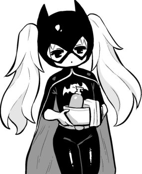 1girl animal_ears azur_lane azur_lane:_slow_ahead bat_ears batgirl batgirl_(cosplay) batman_(series) belt belt_buckle bodysuit buckle cape closed_mouth commentary_request cosplay dc_comics dot_mouth gloves greyscale halloween_costume holding hori_(hori_no_su) laffey_(azur_lane) long_hair mask monochrome no_nose official_art shampoo_bottle simple_background simple_bat solo towel twintails very_long_hair washbowl white_background