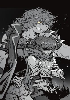 1girl 1other absurdres armor bracelet clenched_teeth commentary deltarune english_commentary greyscale hand_on_another's_head highres jewelry kris_(dark_world)_(deltarune) kris_(deltarune) latencyknight magic_arm monochrome reptile_girl size_difference spiked_bracelet spikes susie_(dark_world)_(deltarune) susie_(deltarune) teeth utdr_(toby_fox)