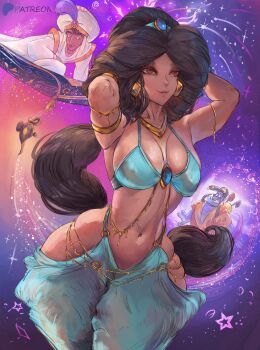Rule 34 | 1girl, 2boys, absurdres, adapted costume, aladdin (disney), aladdin (movie), alva (artofalva), armlet, armpits, baggy pants, bare shoulders, black hair, bra, bracelet, breasts, brown eyes, chain, dark-skinned female, dark skin, genie (aladdin), gold, gold chain, highres, jasmine (disney), jewelry, long hair, low-tied long hair, medium breasts, midriff, multiple boys, navel, oil lamp, pants, skindentation, underwear, very long hair