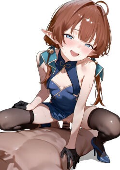 Rule 34 | 1boy, 1girl, absurdres, bar censor, black thighhighs, blue dress, blue eyes, blue shoes, breasts, brown hair, censored, clothed female nude male, clothed sex, clothing aside, commentary, dress, eco 376124, girl on top, has bad revision, has censored revision, hetero, highres, md5 mismatch, nude, open mouth, original, pelvic curtain, pelvic curtain aside, penis, pointy ears, pussy, sex, shoes, small breasts, squatting cowgirl position, thighhighs, twintails, vaginal