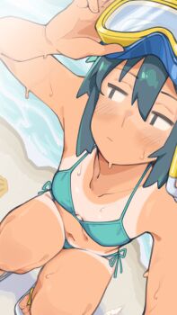 1girl alternate_costume beach bikini black_eyes blue_bikini blush closed_mouth commentary_request expressionless flip-flops from_above full_body goggles goggles_on_head grey_hair halterneck highres kino_(kino_no_tabi) kino_no_tabi kokuya_(kokuya28) looking_afar looking_to_the_side navel sandals short_hair side-tie_bikini_bottom solo squatting string_bikini swim_goggles swimsuit tan tanline tomboy variant_set white_sandals