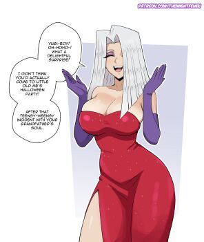 1girl absurdres breasts cleavage closed_eyes cocktail_dress commentary cosplay cropped_legs dress elbow_gloves english_commentary eyeshadow genderswap genderswap_(mtf) glitter_dress gloves grey_hair hair_intakes highres jessica_rabbit jessica_rabbit_(cosplay) large_breasts long_hair makeup pegasus_j_crawford purple_eyeshadow purple_gloves red_dress simple_background smile solo themightfenek who_framed_roger_rabbit yu-gi-oh! yu-gi-oh!_duel_monsters