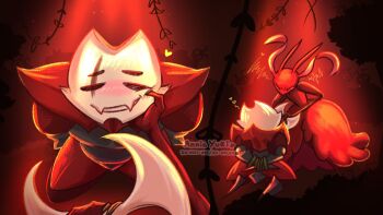 1boy 1girl angry annieyuki_arts ant_girl antennae arthropod_girl black_eyes bound bound_arms closed_eyes colored_skin commentary crust_king_khann_(hollow_knight) dress english_commentary extra_eyes fangs flying full_body heart holding holding_weapon hollow_eyes hollow_knight hollow_knight:_silksong horned_mask kneeling looking_at_another mask red_dress red_skin scar scar_across_eye scar_on_face skarrsinger_karmelita_(hollow_knight) standing weapon white_mask