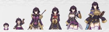 1girl :d absurdres age_comparison age_progression aged_down aged_up ahoge alternate_costume baby black_gloves black_hair black_robe breasts brown_gloves child clenched_hands commentary cosplay dark_persona dualbloodlines english_commentary female_morgan_(devoted_darkness)_(fire_emblem) female_morgan_(fire_emblem) female_robin_(fire_emblem) female_robin_(fire_emblem)_(cosplay) female_robin_(young)_(fire_emblem) fingerless_gloves fire_emblem fire_emblem_awakening fire_emblem_heroes gloves hair_between_eyes half_gloves highres hood hooded_robe large_breasts long_sleeves looking_at_viewer medium_breasts nao_(dualbloodlines) nintendo official_alternate_costume open_clothes open_mouth open_robe pants red_eyes robe short_hair smile thick_thighs thighhighs thighs waving white_pants white_thighhighs