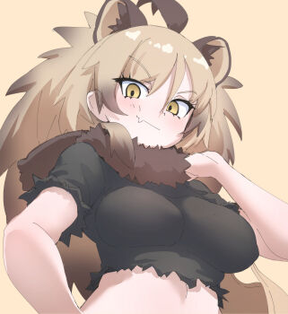 1girl adapted_costume animal_ears big_hair black_shirt blonde_hair blush breasts brown_fur brown_hair cape_lion_(kemono_friends) commentary_request crop_top extra_ears fang frilled_sleeves frills fur_collar hair_between_eyes highres kemono_friends lion_ears lion_girl long_hair looking_at_viewer looking_down lowlandgorilla multicolored_hair orange_background shirt short_sleeves sidelocks solo t-shirt torn_clothes torn_shirt yellow_eyes