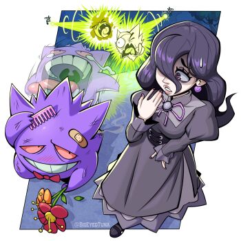 1girl artist_name bandaid bandaid_on_head bigeyedtuna black_dress black_hair comb commentary dress earrings english_commentary flower gastly gen_1_pokemon gengar grin hair_between_eyes haunter hex_maniac_(pokemon) hex_maniac_(pokemon_legends:_z-a) highres holding holding_comb holding_flower jewelry long_hair nintendo open_mouth orange_flower pokemon pokemon_(creature) pokemon_legends:_z-a red_flower smile sphere_earrings teeth
