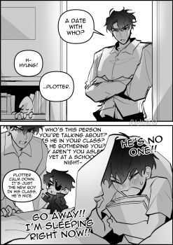 3boys absurdres areuwuu book crossed_arms doorway eyepatch greyscale heterochromia highres hugging_object kim_dokja male_focus mini_person miniboy monochrome multiple_boys oldest_dream omniscient_reader&#039;s_viewpoint scar scar_across_eye scar_on_face secretive_plotter shirt short_hair t-shirt under_covers yoo_joonghyuk yoo_joonghyuk_(999th_turn)