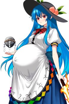 1girl absurdres black_hat blue_hair blue_skirt bow bowtie breasts collared_shirt commentary_request covered_navel cowboy_shot fruit_hat_ornament hat hat_ornament highres hinanawi_tenshi holding holding_sword holding_weapon kaname-ishi leaf_hat_ornament long_hair long_skirt looking_afar medium_breasts peach_hat_ornament pregnant puffy_short_sleeves puffy_sleeves rainbow_order red_bow red_bowtie red_eyes rope shimenawa shirt short_sleeves shu_er_shu_san_de_shao_ge simple_background skirt solo sword sword_of_hisou touhou very_long_hair weapon white_background white_shirt