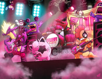 ._. aipom artist_name band_(music) black_boots black_jacket black_shirt boots bracelet camera closed_mouth clothed_pokemon commentary concert ditto drum drum_set drumsticks ear_piercing english_commentary face_piercing facepaint fang fangs fog galarian_form galarian_zigzagoon gen_1_pokemon gen_2_pokemon gen_3_pokemon gen_5_pokemon gen_8_pokemon guitar holding holding_camera holding_drumsticks holding_guitar holding_instrument holding_microphone holding_own_tail instrument jacket jewelry jigglypuff krookodile loudred microphone music nintendo no_humans nose_piercing nostrils open_clothes open_jacket open_mouth pants piercing pink_pants playing_instrument pokemon pokemon_(creature) pokemon_focus scrafty shirt signature singing skin_fang smeargle smile speaker spiked_bracelet spikes stage stage_lights star_(symbol) tail teeth thecalendork tongue torn_clothes torn_sleeves toxtricity toxtricity_(amped) transformed_ditto uvula v-shaped_eyebrows watermark